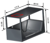 The center-drive shuttle car cab for the Joy 10SC32AA (dimensions in centimeters). The red outline shows the location of the canopy air curtain underneath the cab roof during testing (drawing by NIOSH)