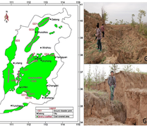 Map showing the six large coal fields in Shanxi Province (left) and images showing two sites of ground disasters (right)