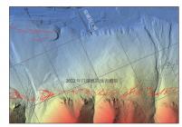 冷龙岭断裂带硫磺沟南侧2022年门源地震地表破裂分布示意
注：红色线条为同震破裂。